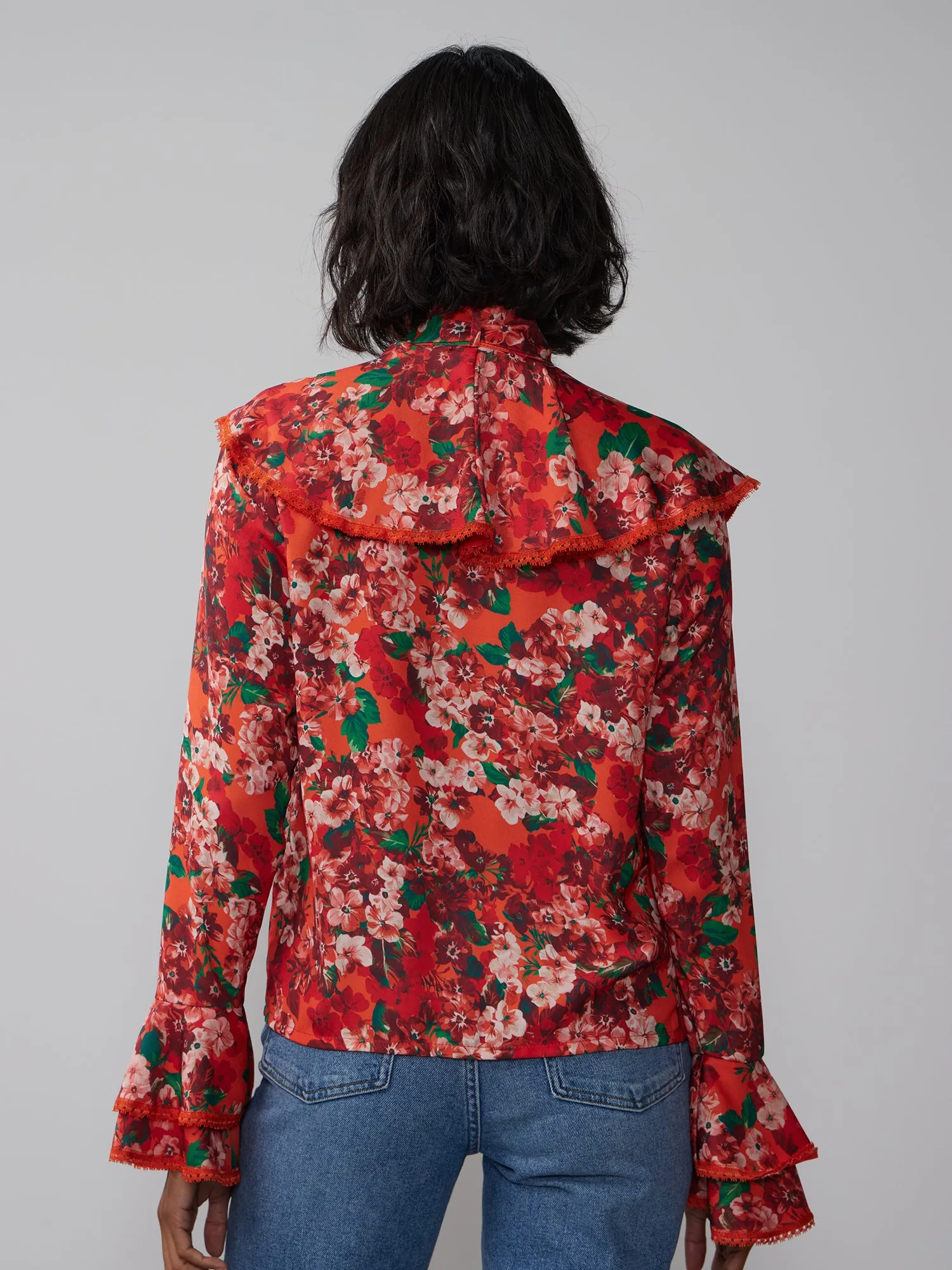 Bell Sleeve Tie Neck Floral Blouse