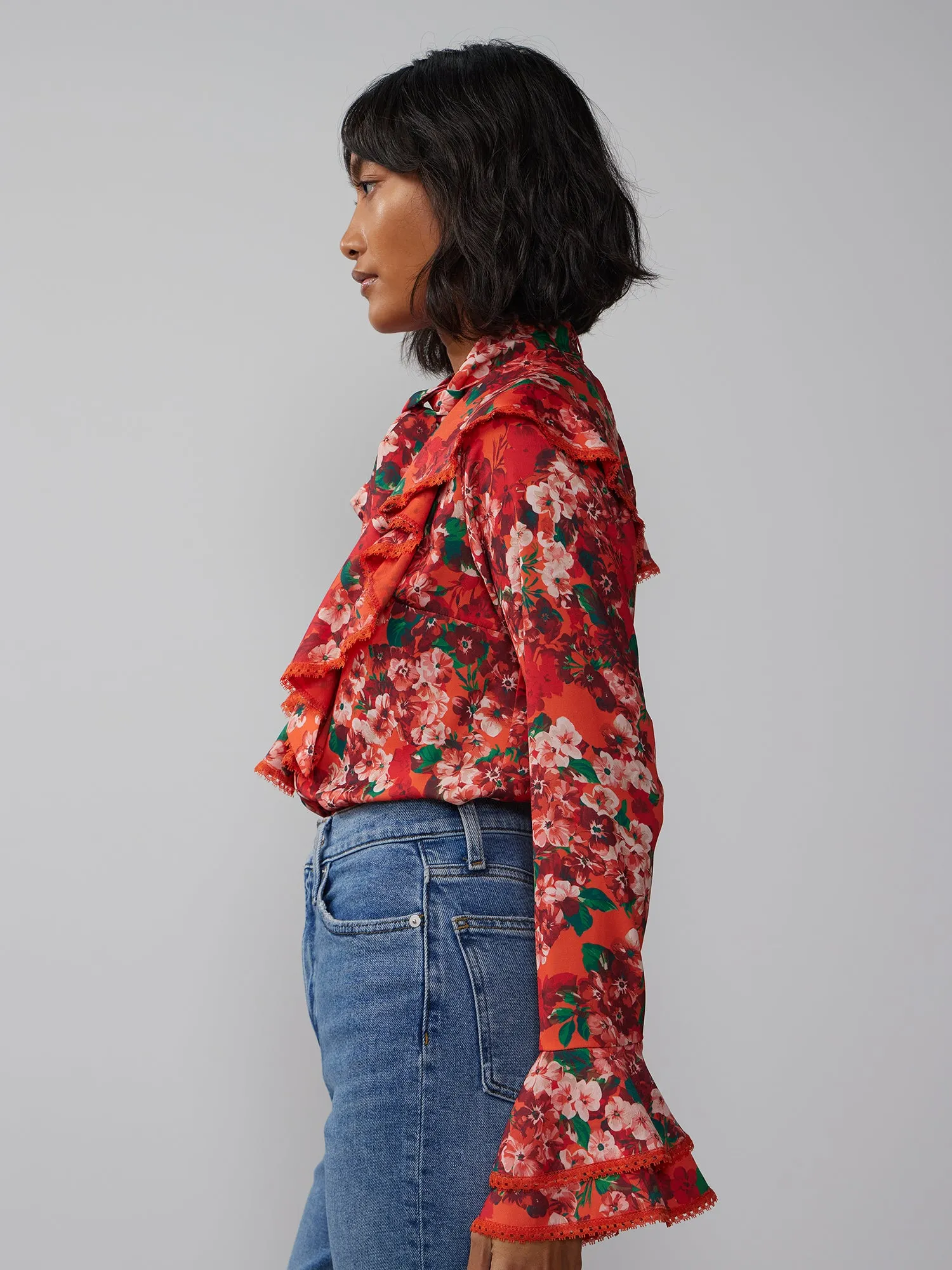 Bell Sleeve Tie Neck Floral Blouse