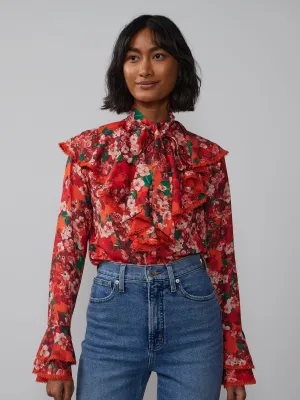 Bell Sleeve Tie Neck Floral Blouse