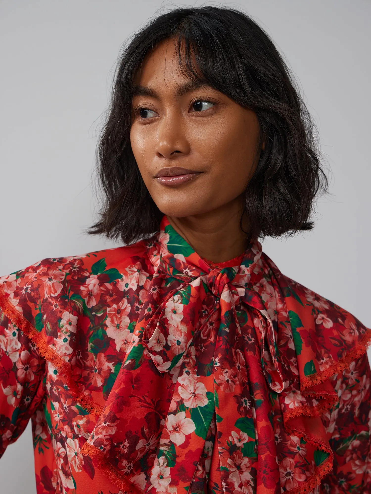 Bell Sleeve Tie Neck Floral Blouse