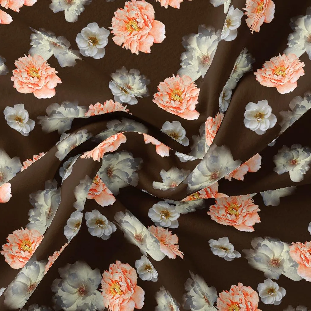 Blooming Orange Roses With Grey Digital Printed Fabric - Japan Satin