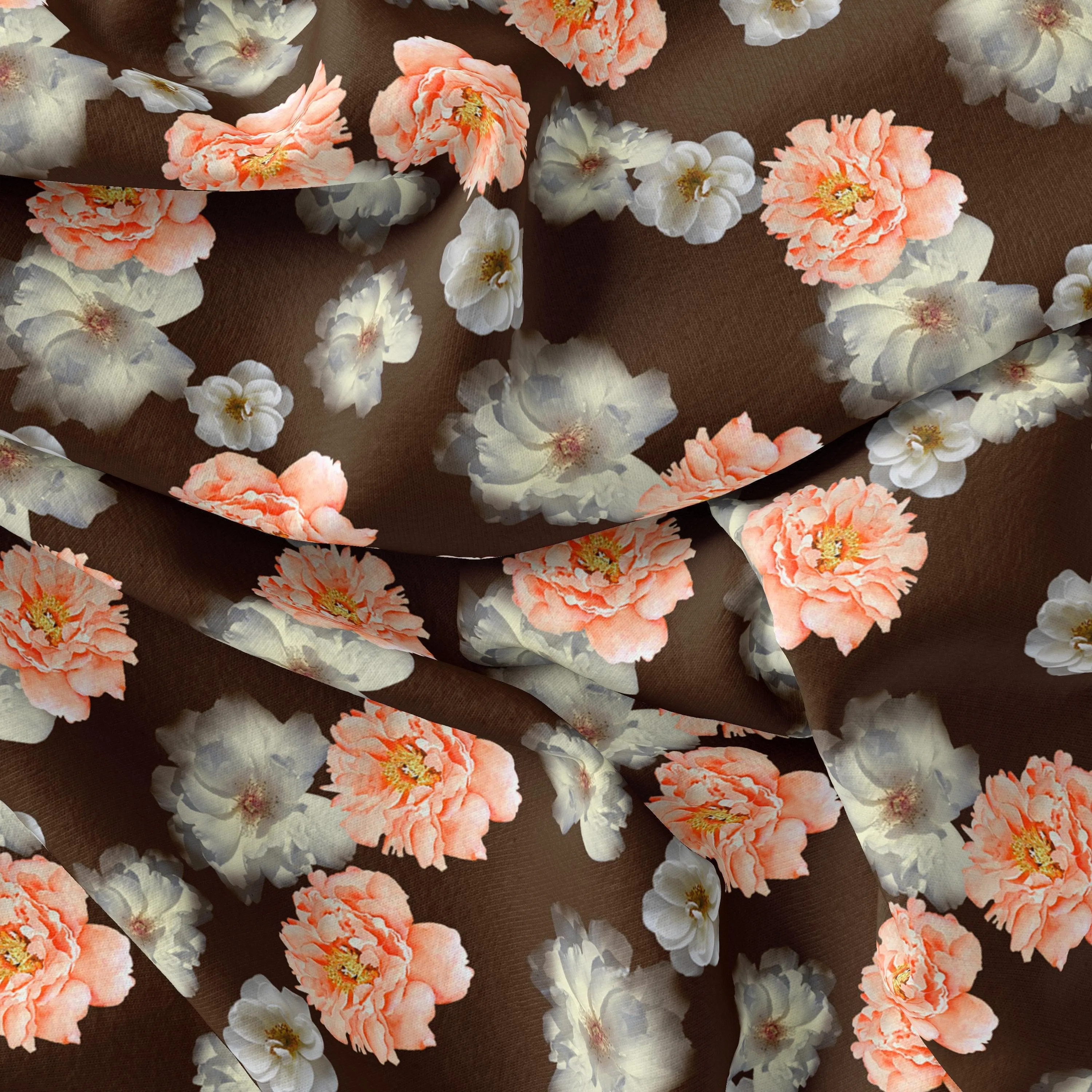 Blooming Orange Roses With Grey Digital Printed Fabric - Japan Satin