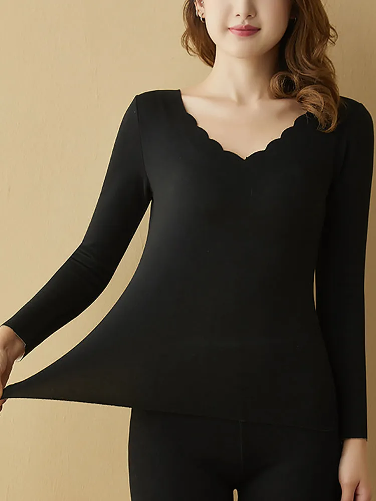 Casual Seamless V-Neck Basic Layer Thermal Sets