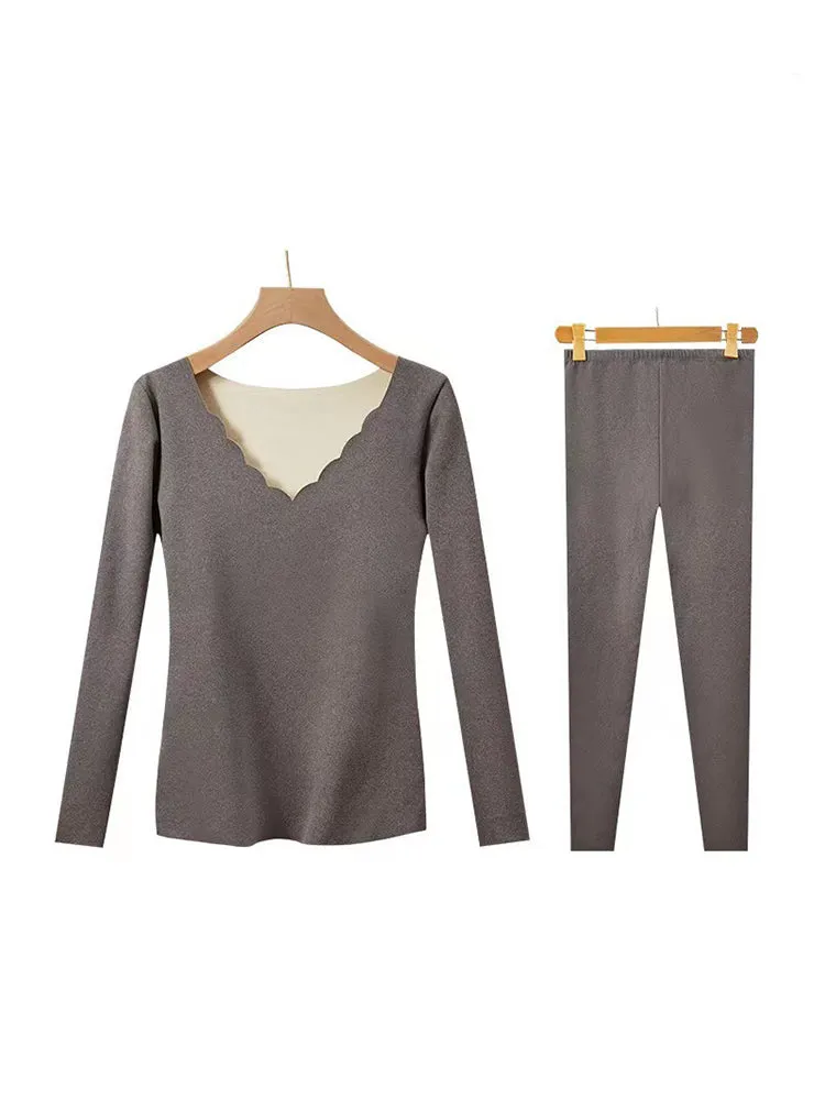 Casual Seamless V-Neck Basic Layer Thermal Sets