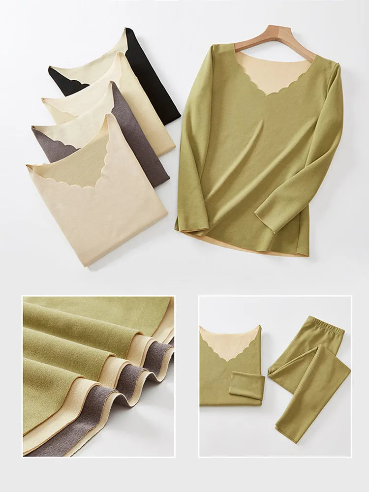 Casual Seamless V-Neck Basic Layer Thermal Sets
