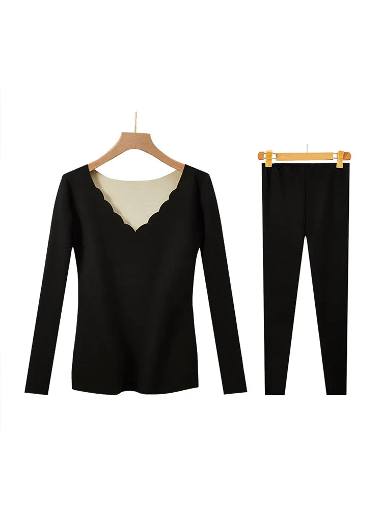Casual Seamless V-Neck Basic Layer Thermal Sets