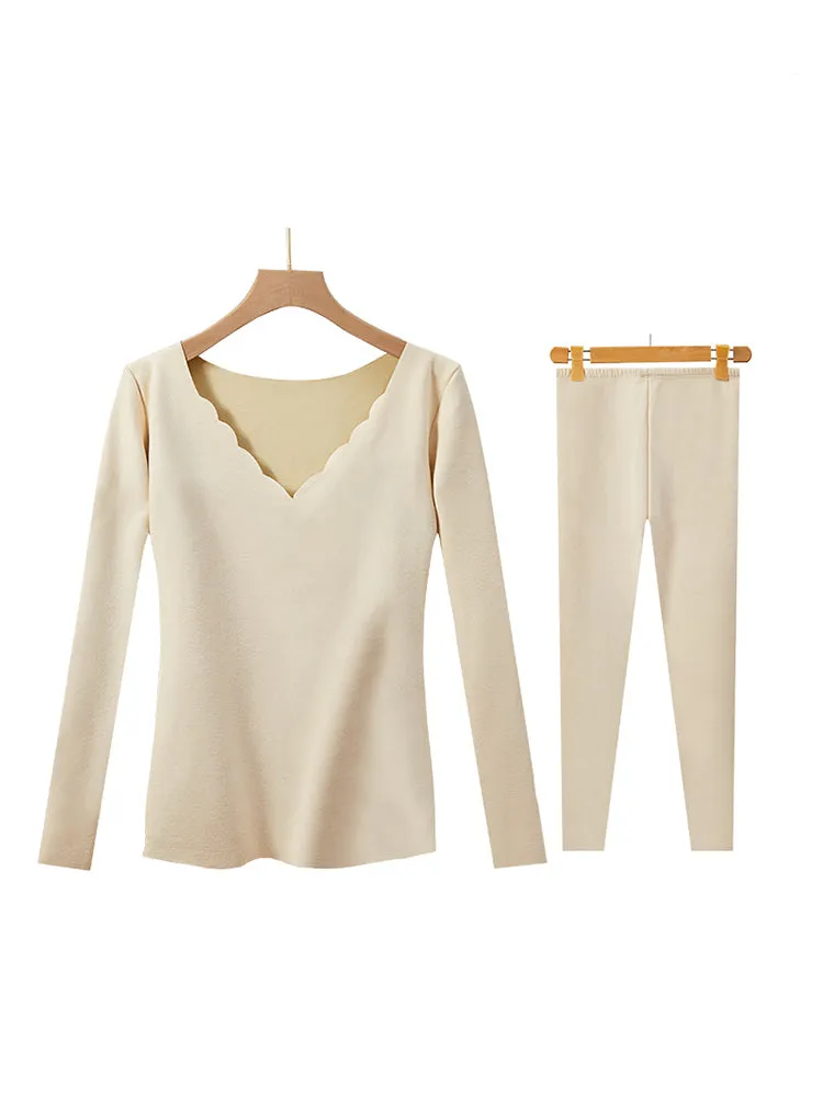 Casual Seamless V-Neck Basic Layer Thermal Sets