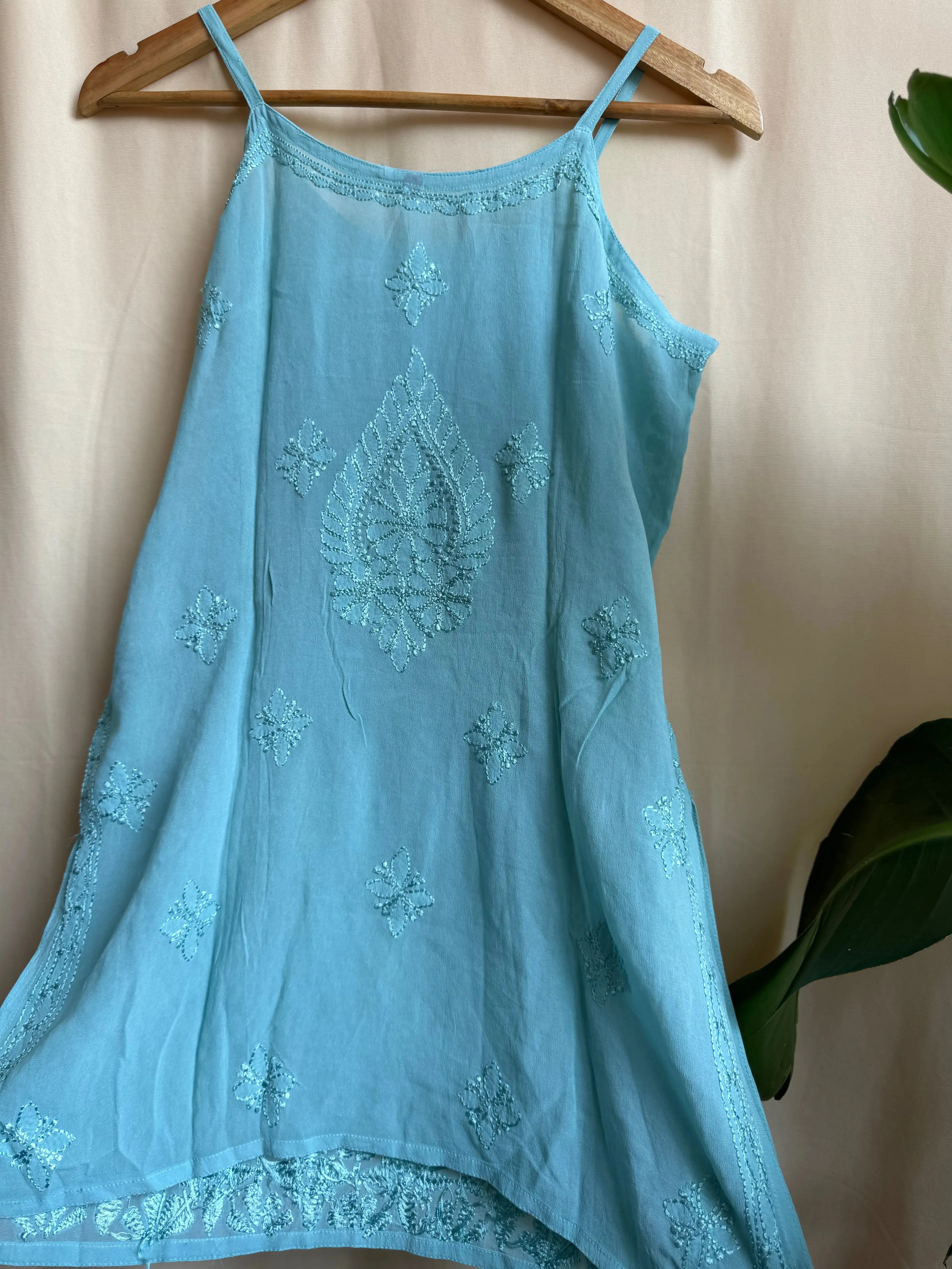 Chikankari Noodle Strap Top in Tiffany Green