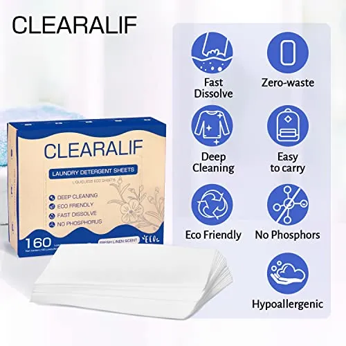 CLEARALIF Laundry Detergent Sheets Up to 160 Loads, Fresh Linen - Great For Travel,Apartments, Dorms,Laundry Detergent Strips Eco Friendly & Hypoallergenic