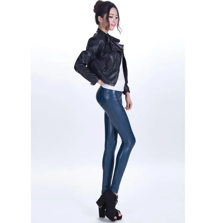 Clearance Pure Color Regular Waist PU Slim Leggings