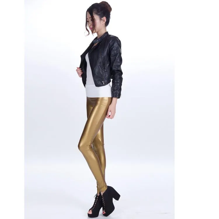 Clearance Pure Color Regular Waist PU Slim Leggings