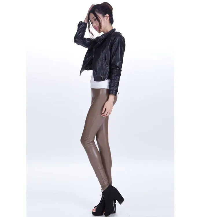Clearance Pure Color Regular Waist PU Slim Leggings