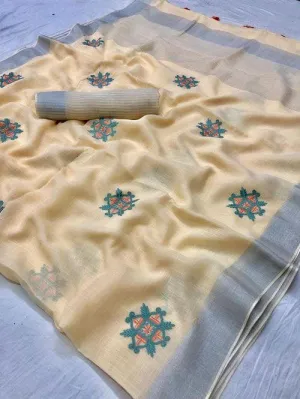 Flamboyant  Grey And Cream Colored  Festive Wear Printed  Pure Linen Saree