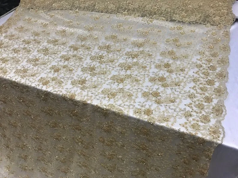Gold Unique Design Embroidered Beaded Mesh Lace Bridal Veil Fabric
