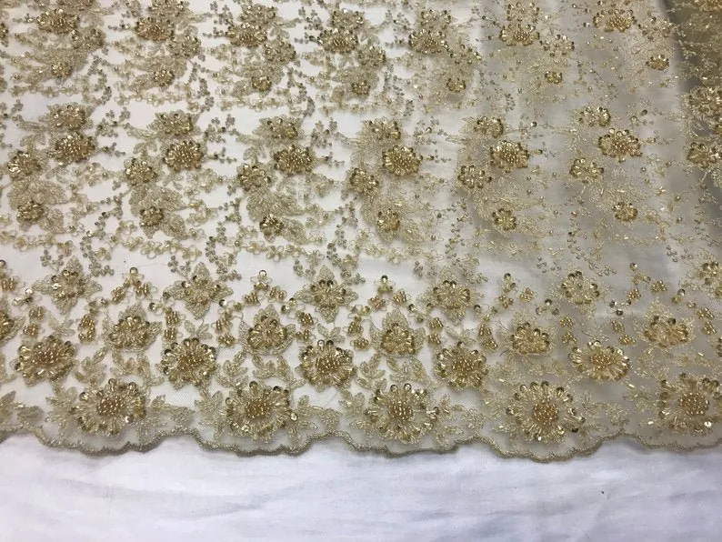 Gold Unique Design Embroidered Beaded Mesh Lace Bridal Veil Fabric
