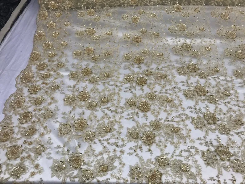Gold Unique Design Embroidered Beaded Mesh Lace Bridal Veil Fabric