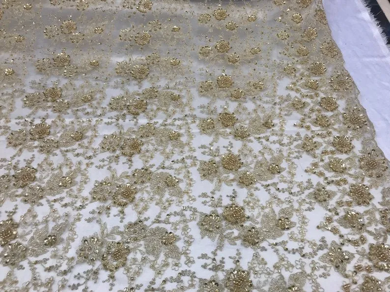 Gold Unique Design Embroidered Beaded Mesh Lace Bridal Veil Fabric