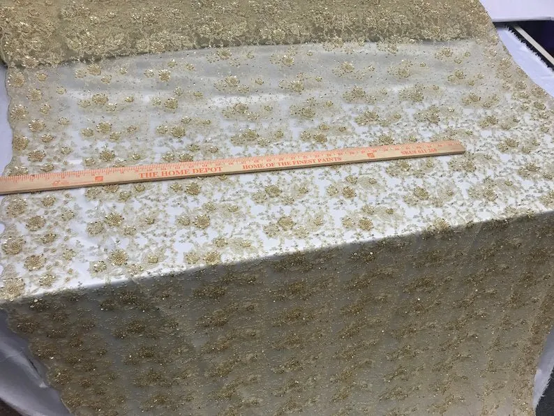 Gold Unique Design Embroidered Beaded Mesh Lace Bridal Veil Fabric