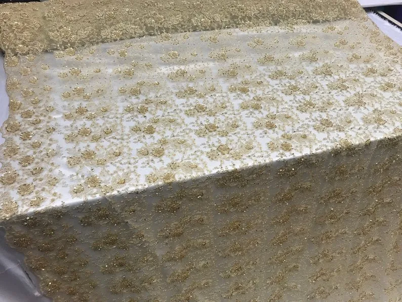 Gold Unique Design Embroidered Beaded Mesh Lace Bridal Veil Fabric