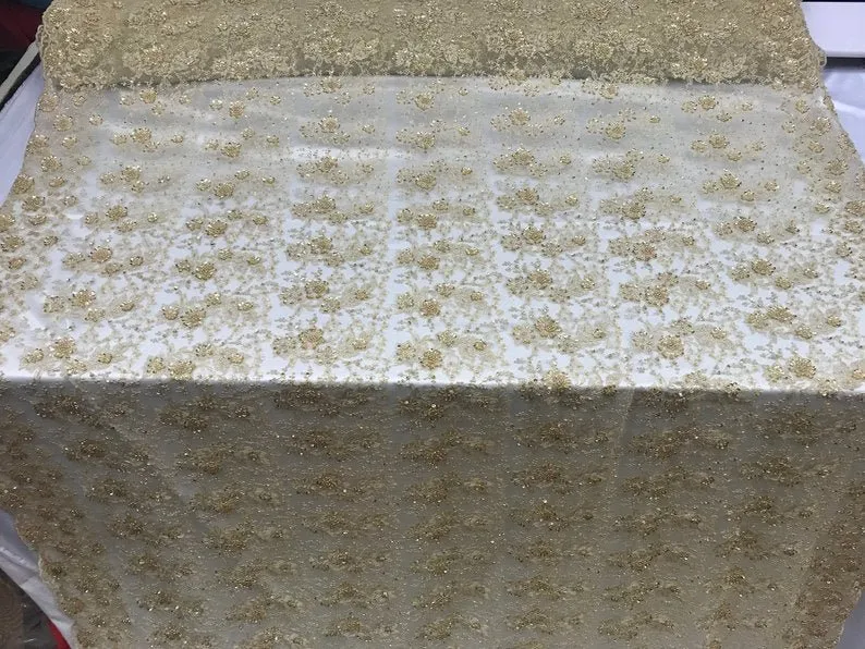 Gold Unique Design Embroidered Beaded Mesh Lace Bridal Veil Fabric