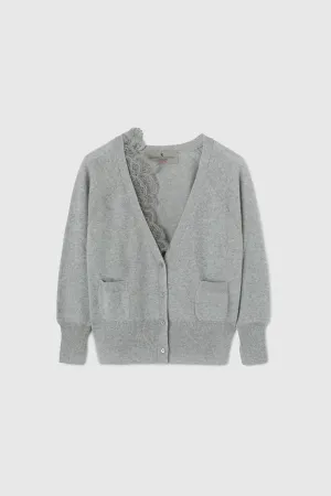 Gray pure cashmere cardigan with lace