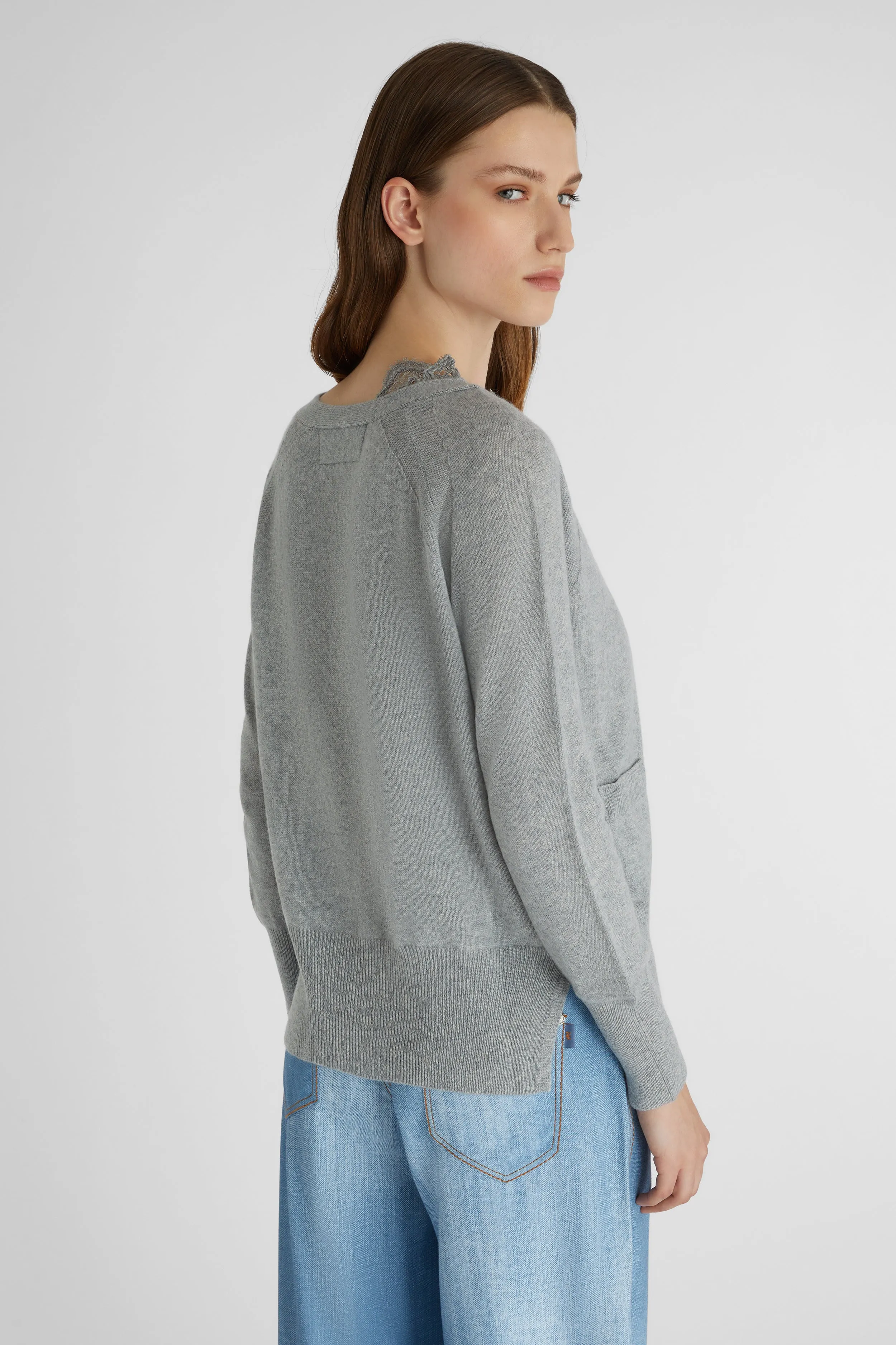 Gray pure cashmere cardigan with lace