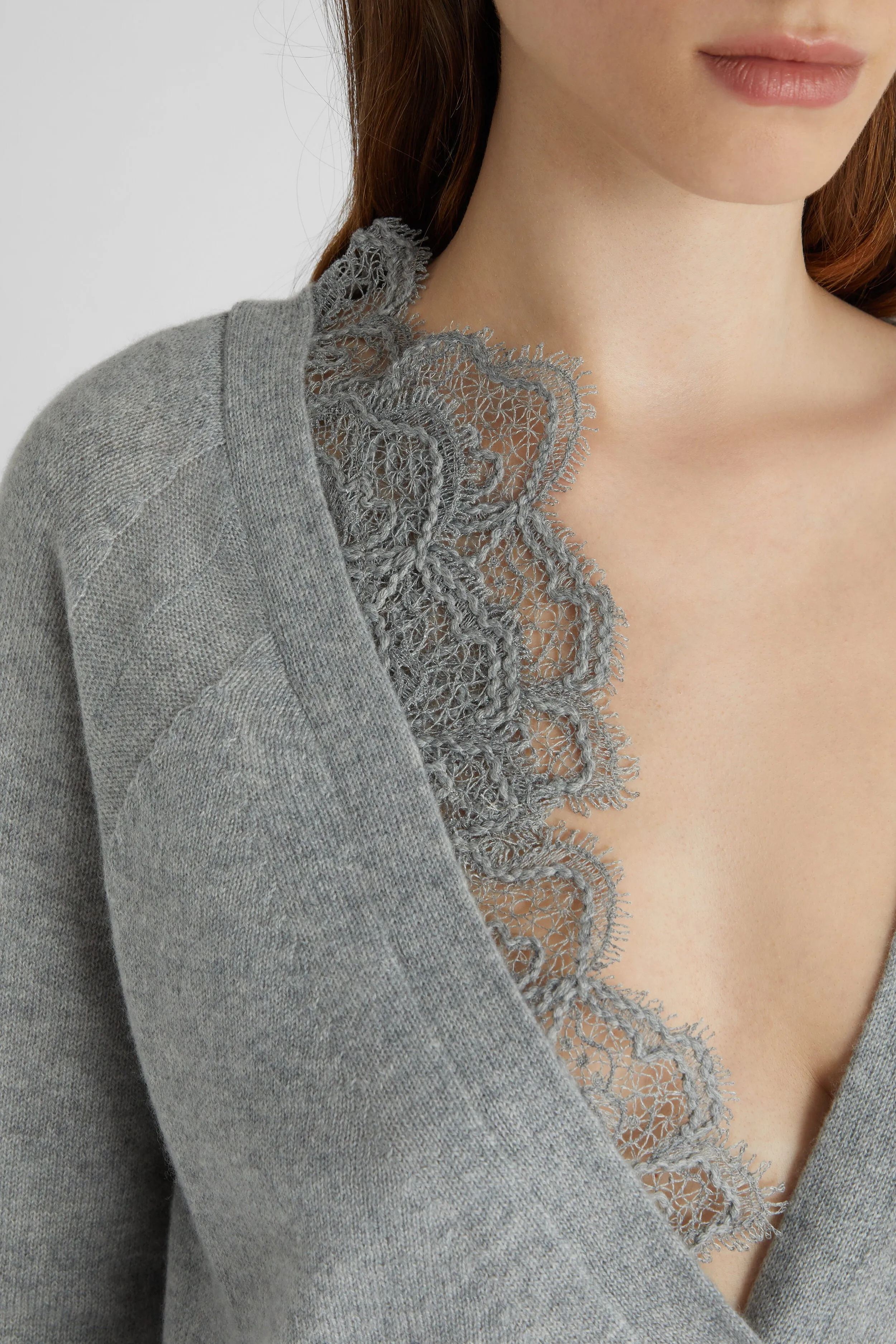 Gray pure cashmere cardigan with lace