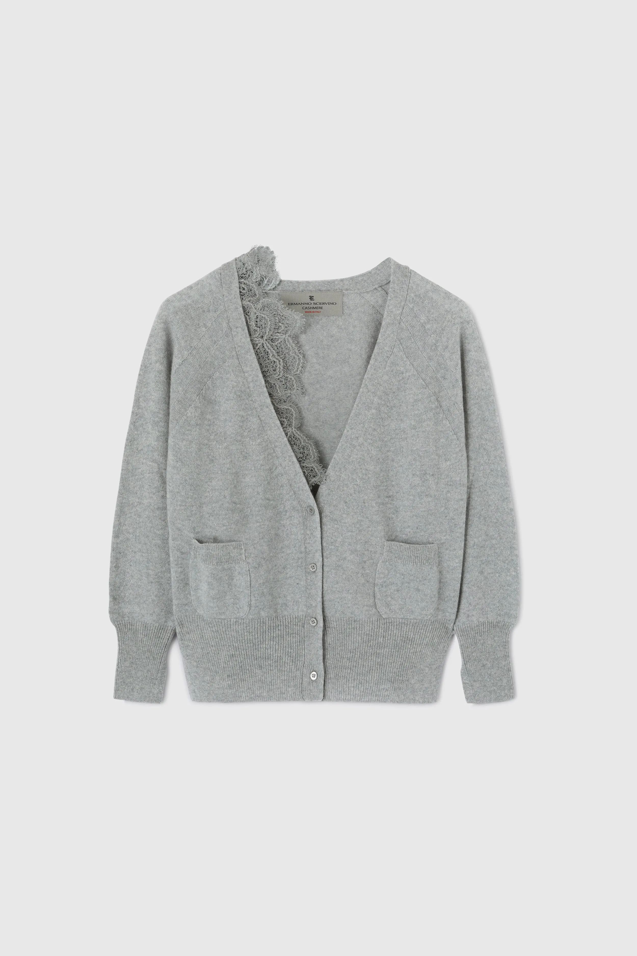 Gray pure cashmere cardigan with lace