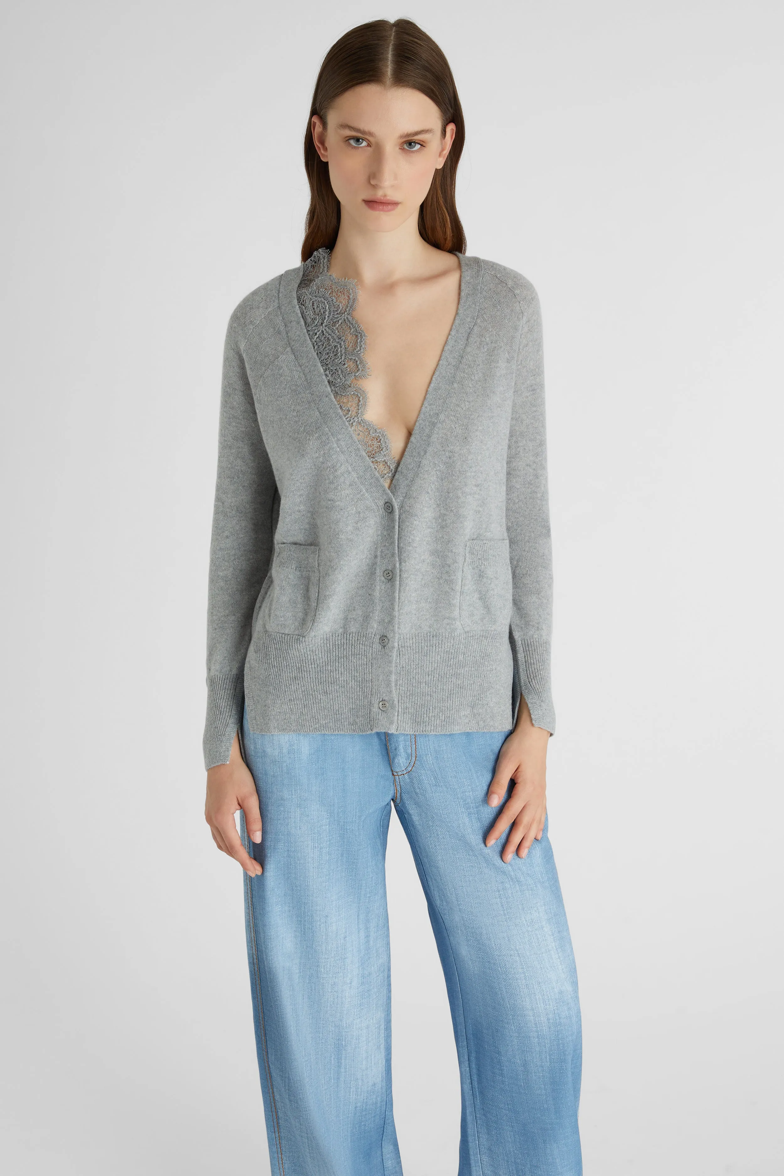 Gray pure cashmere cardigan with lace