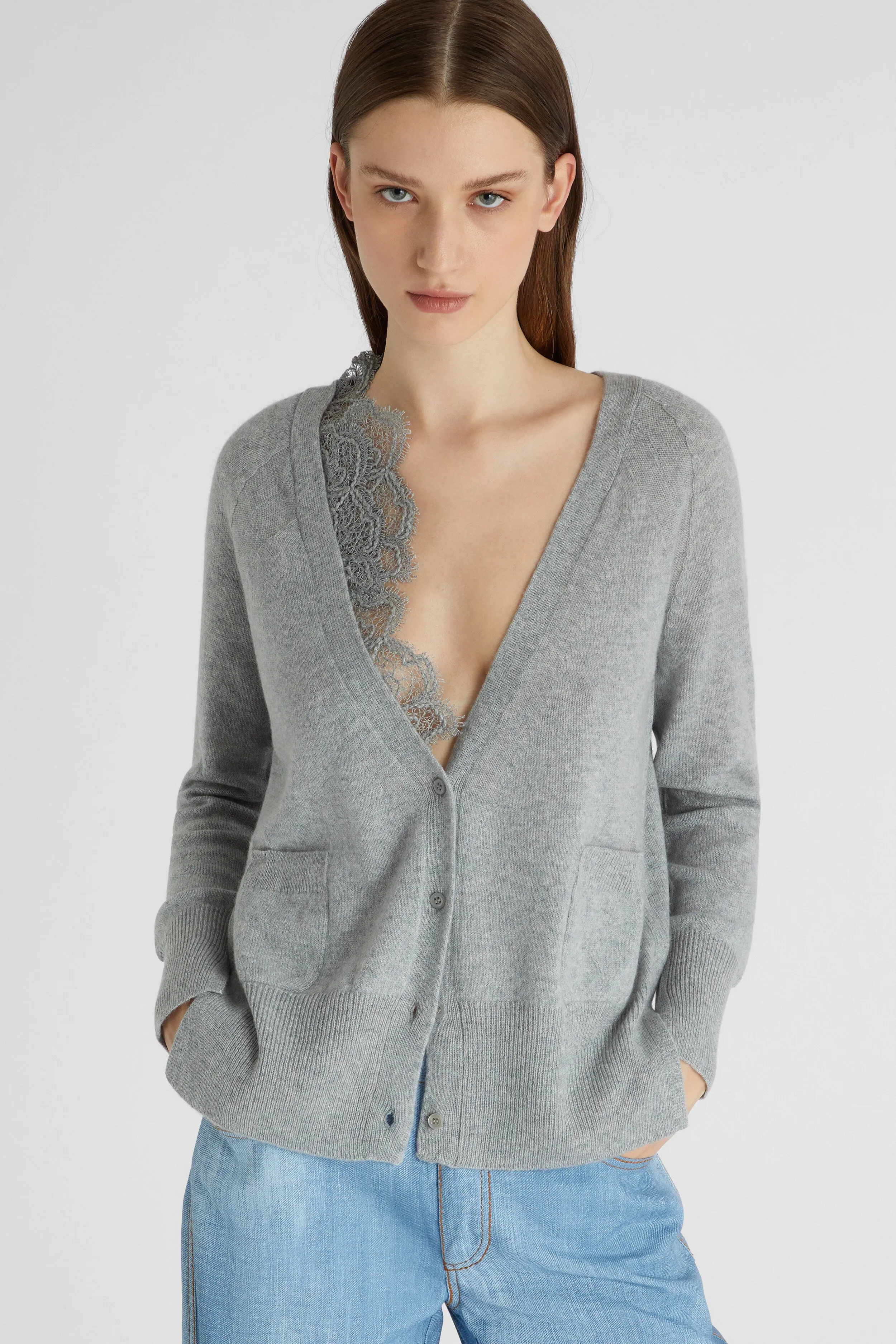 Gray pure cashmere cardigan with lace