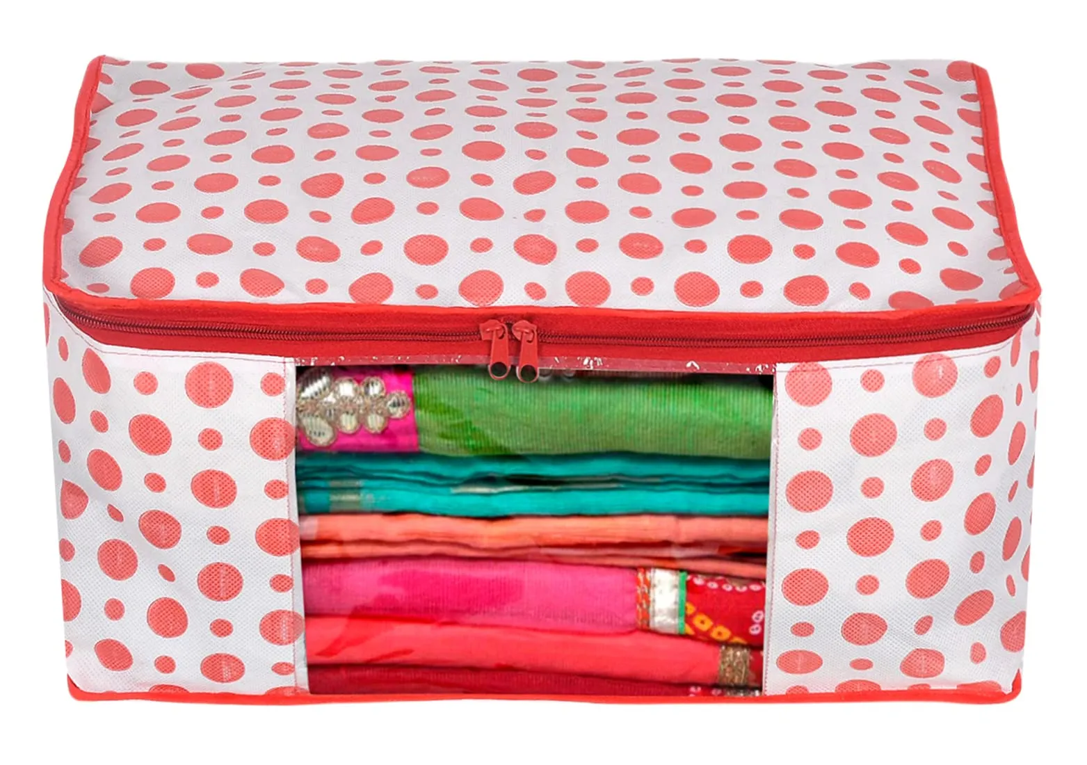 Kuber Industries Dot Printed Non-Woven Saree Cover, Cloth Organizer, Wardrobe Organiser With Tranasparent Window- Pack of 10 (Pink)-46KM0488