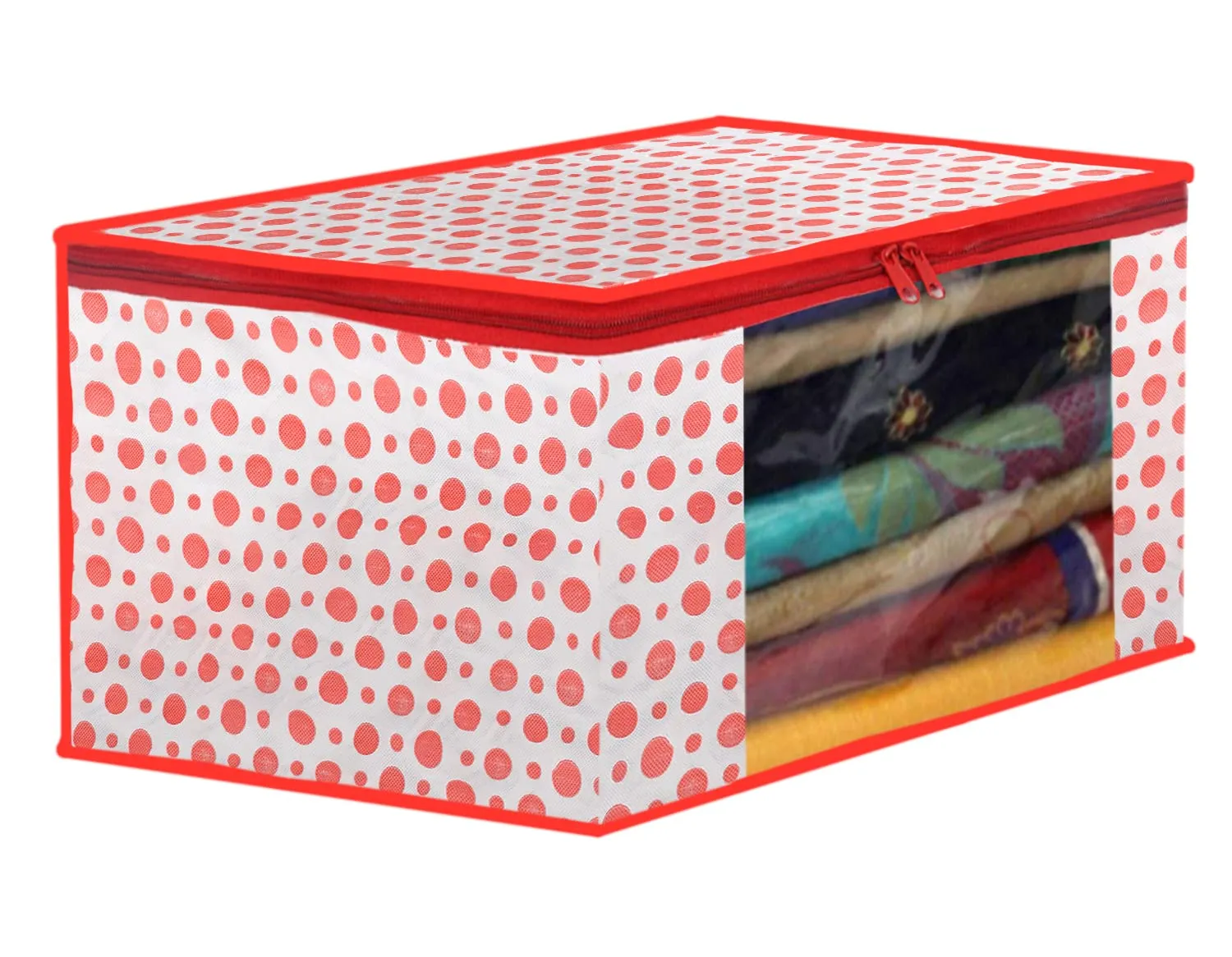 Kuber Industries Dot Printed Non-Woven Saree Cover, Cloth Organizer, Wardrobe Organiser With Tranasparent Window- Pack of 10 (Pink)-46KM0488