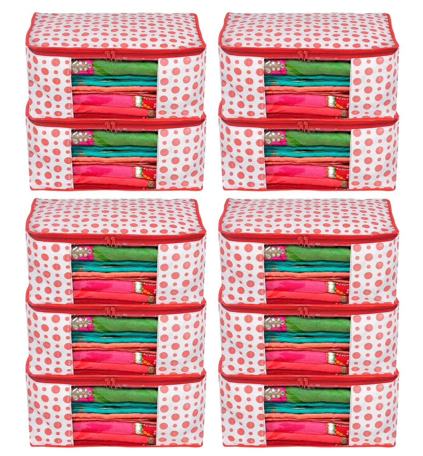 Kuber Industries Dot Printed Non-Woven Saree Cover, Cloth Organizer, Wardrobe Organiser With Tranasparent Window- Pack of 10 (Pink)-46KM0488