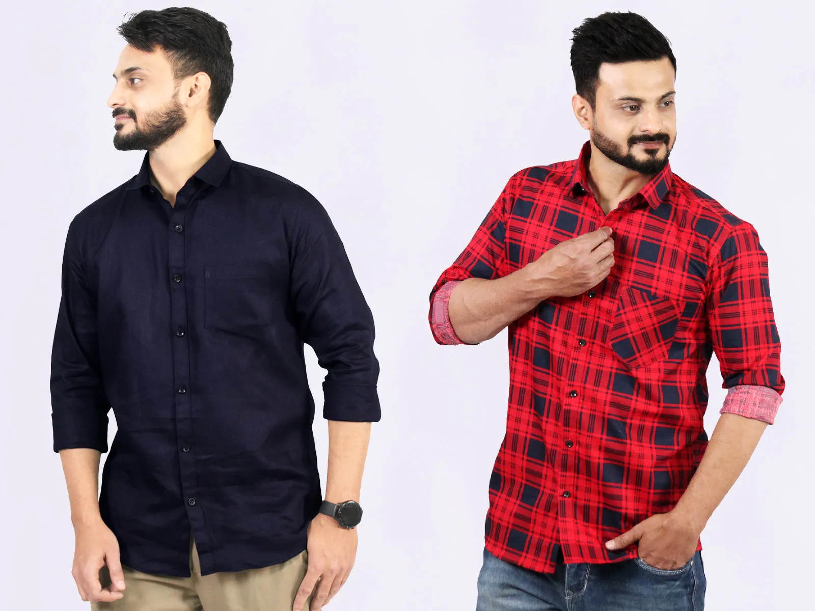 Men's Cotton Red Check Blue Plain Shirt Combo