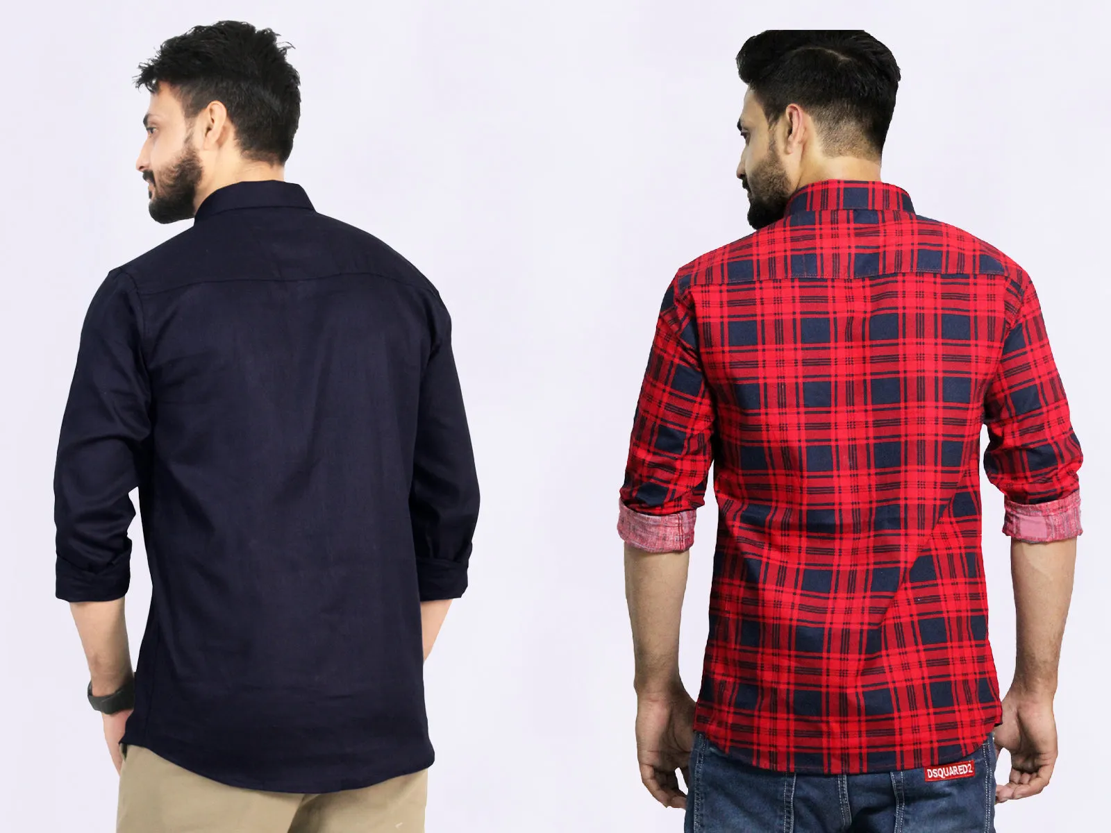 Men's Cotton Red Check Blue Plain Shirt Combo