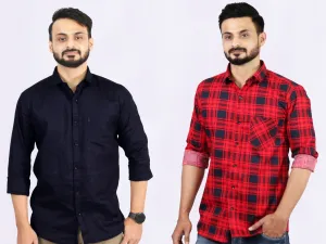 Men's Cotton Red Check Blue Plain Shirt Combo