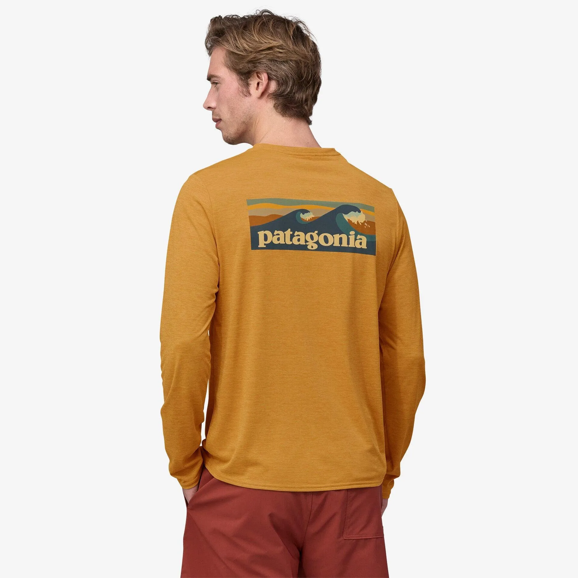 Patagonia Long-Sleeved Capilene Cool Daily Graphic Shirt - Waters Boardshort Logo: Pufferfish Gold X-Dye