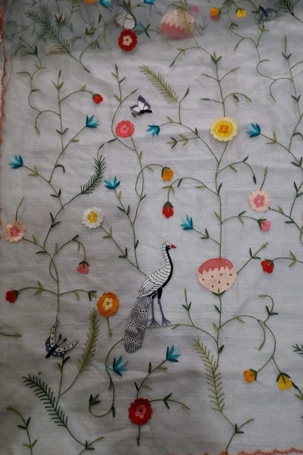 Stunning Off White Parsi Dupatta with Hand Embroidered Convent Work