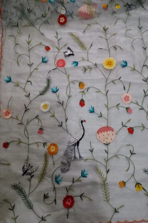 Stunning Off White Parsi Dupatta with Hand Embroidered Convent Work