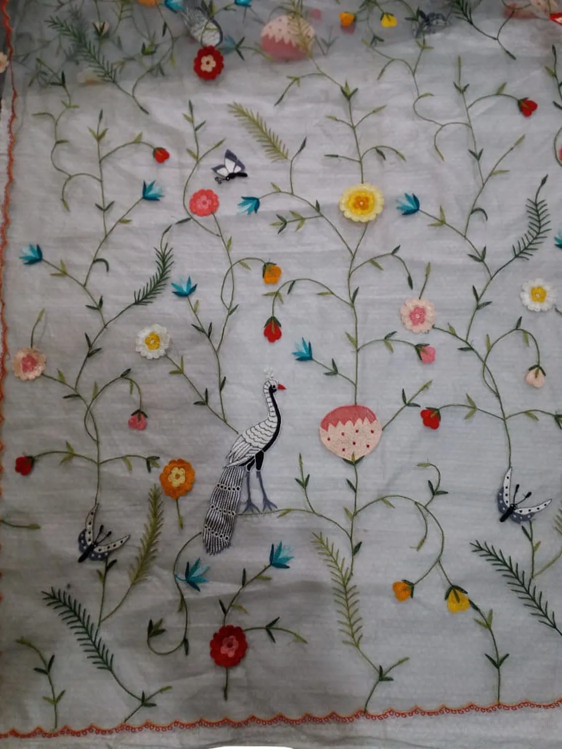 Stunning Off White Parsi Dupatta with Hand Embroidered Convent Work