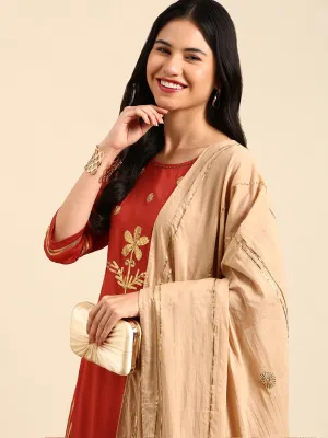 Women's Orange Embroidered Kurta Set