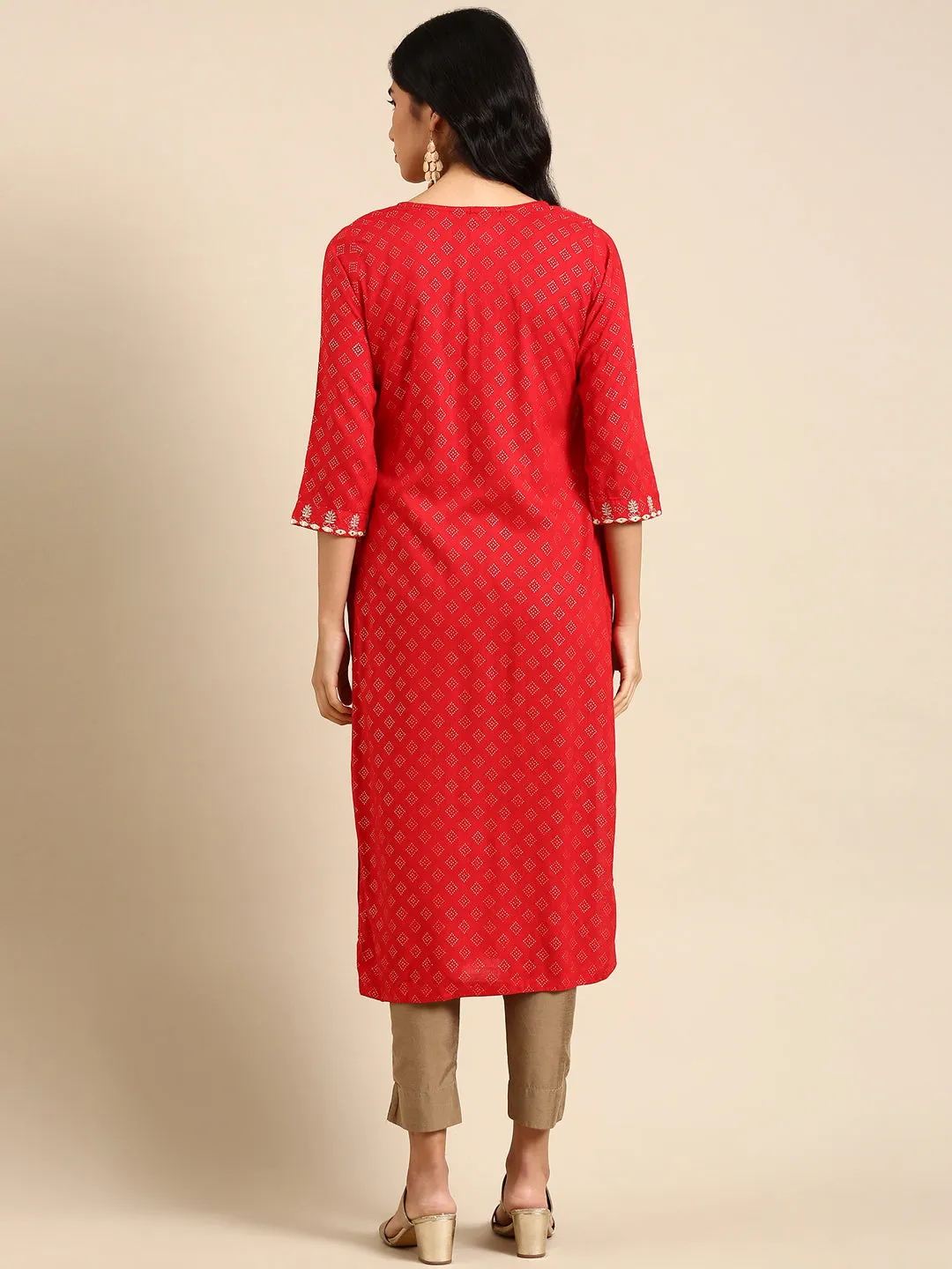 Women's Red Embroidered Straight Kurta
