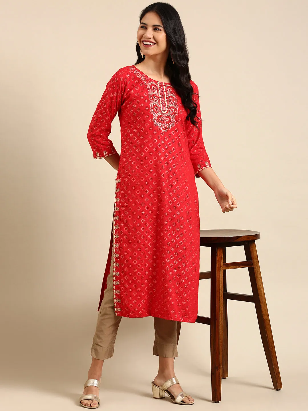 Women's Red Embroidered Straight Kurta